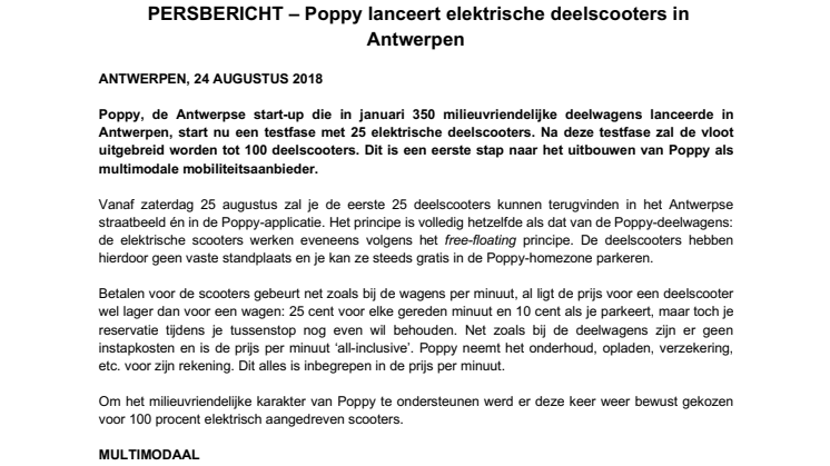 PERSBERICHT – Poppy lanceert elektrische deelscooters in Antwerpen