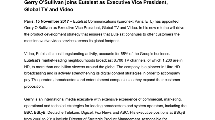 Gerry O’Sullivan joins Eutelsat as Executive Vice President, Global TV and Video