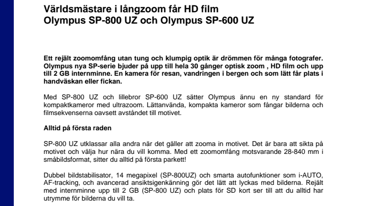 Olympus SP-800UZ och SP-600UZ - Världsmästare i långzoom får HD film 