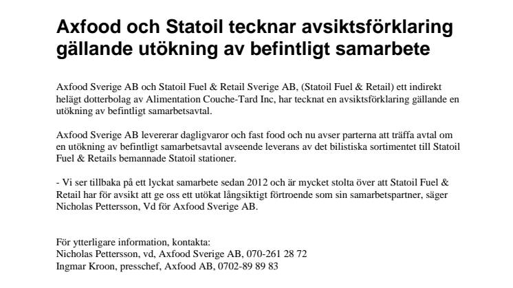 Axfood och Statoil tecknar avsiktsförklaring gällande utökning av befintligt samarbete