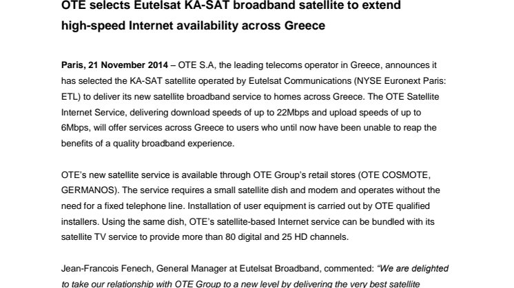 OTE selects Eutelsat KA-SAT broadband satellite to extend  high-speed Internet availability across Greece