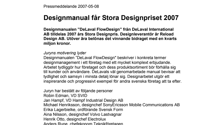 Designmanual får Stora Designpriset 2007 