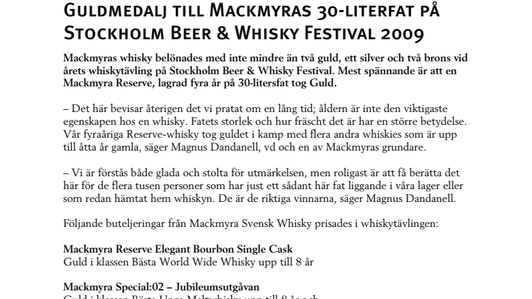 Guldmedalj till Mackmyras 30-literfat på Stockholm Beer & Whisky Festival 2009