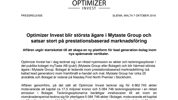 Optimizer Invest blir största ägare i Mytaste Group och satsar stort på prestationsbaserad marknadsföring 