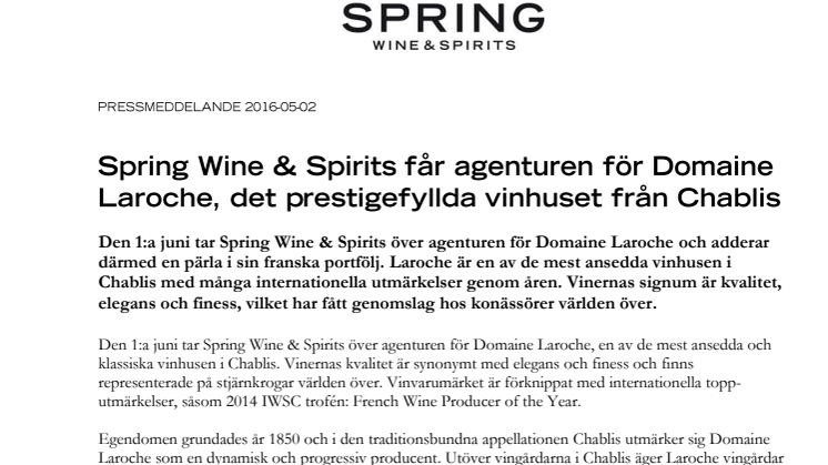 Pressmeddelande Spring Wine & Spirits får agenturen för Domaine Laroche