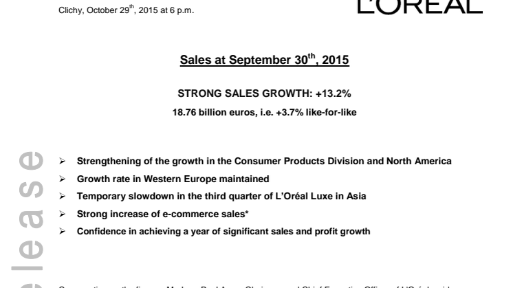 Stærk vækst i omsætningen hos L'Oréal pr ultimo september 2015