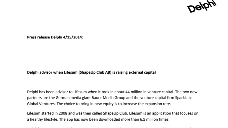 Delphi advisor when Lifesum (ShapeUp Club AB) is raising external capital