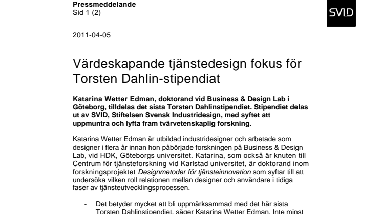 Värdeskapande tjänstedesign fokus för Torsten Dahlin-stipendiat