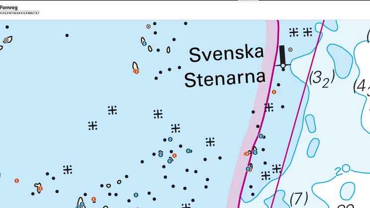 Nu har sjökort lagts till som bakgrundskarta i Fornsök. Användaren byter bakgrundskarta genom att klicka på den tredje ikonen ("Välj lager") överst i högra hörnet. Foto: Riksantikvarieämbetet (PDM)