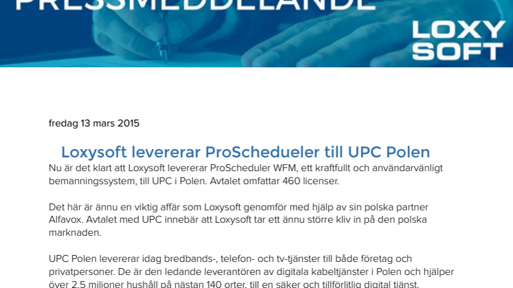 Loxysoft levererar ProScheduler till UPC Polen