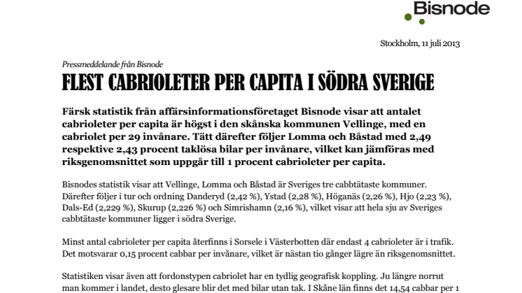 Flest cabrioleter per capita i södra Sverige