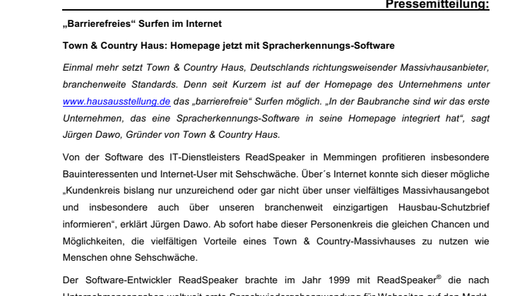 Town & Country Haus: Homepage jetzt mit Spracherkennungs-Software - „Barrierefreies“ Surfen im Internet