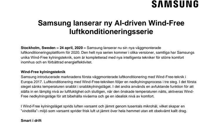 Samsung lanserar ny AI-driven Wind-Free luftkonditioneringsserie