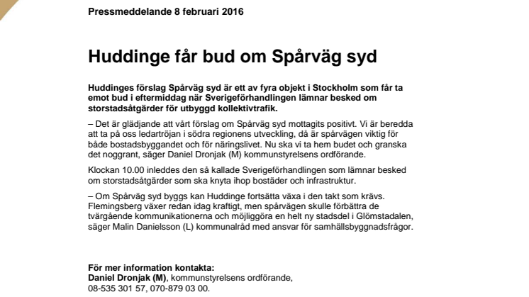 Huddinge får bud om Spårväg syd 