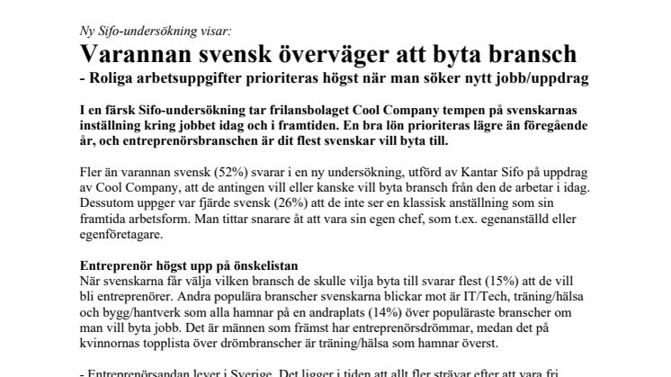 Ny Sifo-undersökning visar:  Varannan svensk överväger att byta bransch