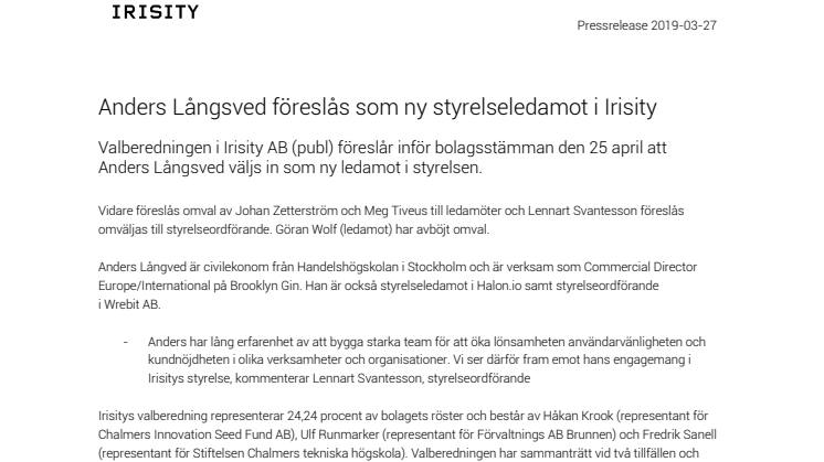 Anders Långsved föreslås som ny styrelseledamot i Irisity