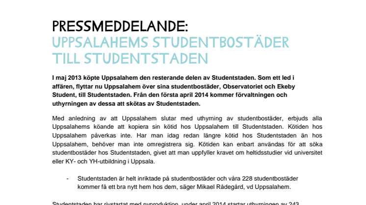 Uppsalahems studentbostäder flyttar till Studentstaden