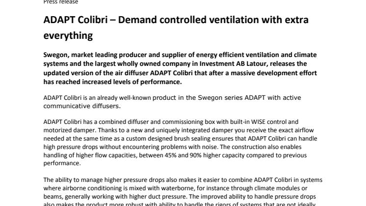 ADAPT Colibri – Demand controlled ventilation with extra everything