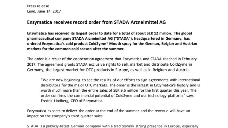 Enzymatica receives record order from STADA Arzneimittel AG
