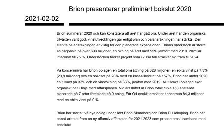 Brion presenterar preliminärt bokslut 2020