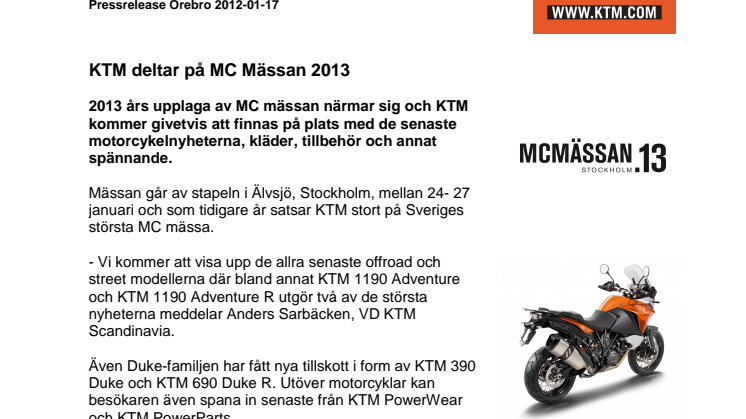 KTM Scandinavia deltar på MC Mässan 2013