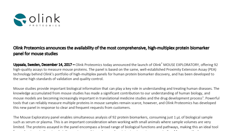 Olink Proteomics announces the availability of the most comprehensive, high-multiplex protein biomarker panel for mouse studies