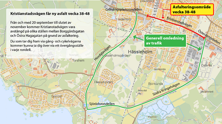 Karta över var vägen är avstängd och hur trafiken leds om.