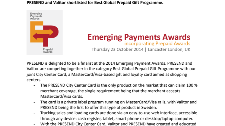 PRESEND and Valitor shortlisted for Best Global Prepaid Gift Programme.