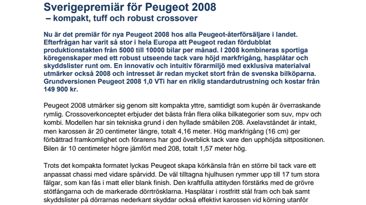 Sverigepremiär för Peugeot 2008 - kompakt, tuff och robust crossover