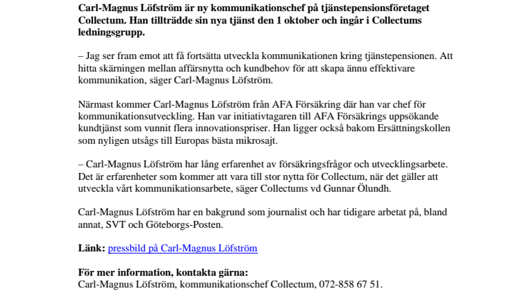 Carl-Magnus Löfström ny kommunikationschef på Collectum