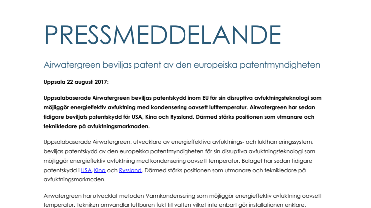 Airwatergreen beviljas patentskydd i EU