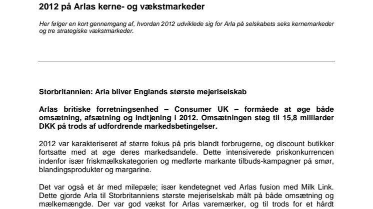 Arla regnskab 2012: kerne- og vækstmarkeder