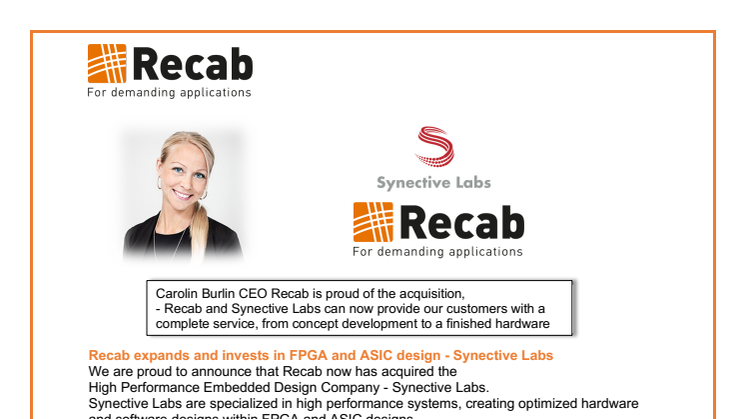 Recab expands and invests in FPGA and ASIC design - Synective Labs