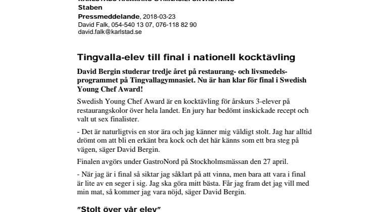 Tingvalla-elev till final i nationell kocktävling