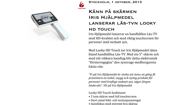 Känn på skärmen - Iris Hjälpmedel lanserar Läs-TVn Looky HD Touch