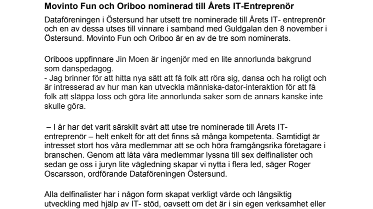 Movinto Fun och Oriboo nominerad till Årets IT-Entreprenör 