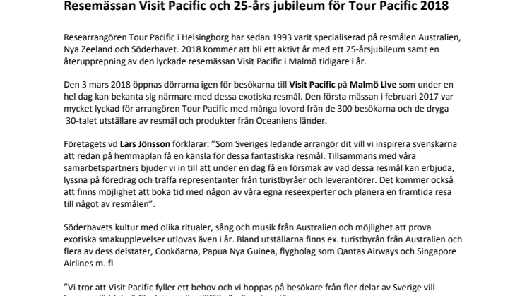 ​Resemässan Visit Pacific  och 25-års jubileum i pipeline för Tour Pacific 2018