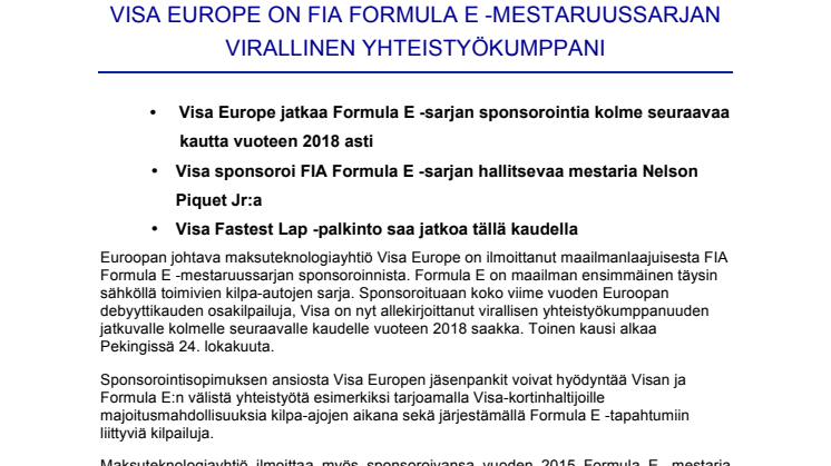 Visa Europe on FIA Formula E -sarjan virallinen yhteistyökumppani