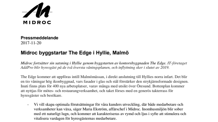 Midroc byggstartar The Edge i Hyllie, Malmö