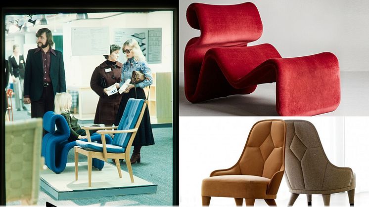 From left: Fair visitors at Stockholm Furniture & Light Fair in the 70s, armchair "Etcetera" from 1971, design by Jan Ekselius, contemporary armchair "Emma", produced by Gärsnäs, photo Lennart Durehed.