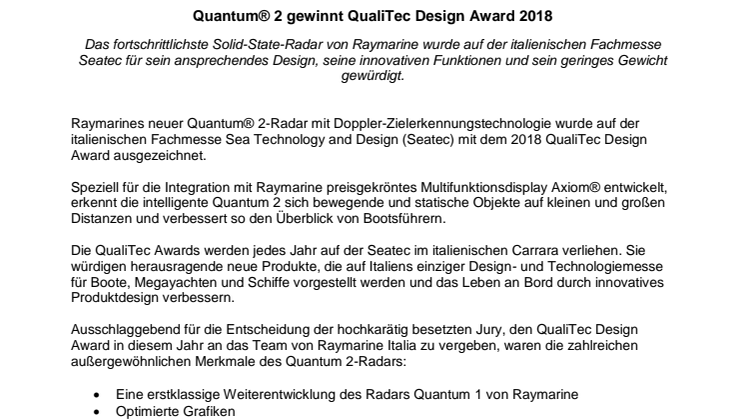 Raymarine: Quantum® 2 gewinnt QualiTec Design Award 2018 