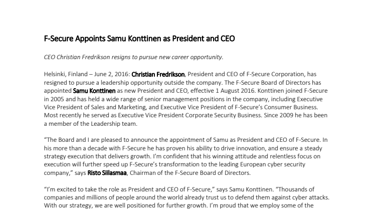 F-Secure Appoints Samu Konttinen as President and CEO
