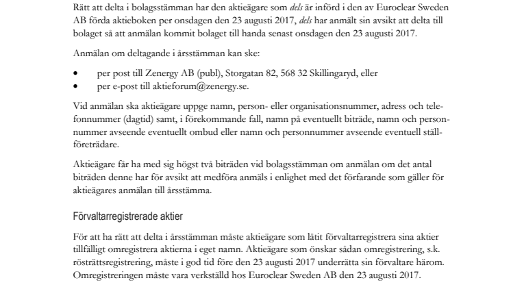 Extra bolagsstämma i Zenergy AB (publ) den 29 augusti