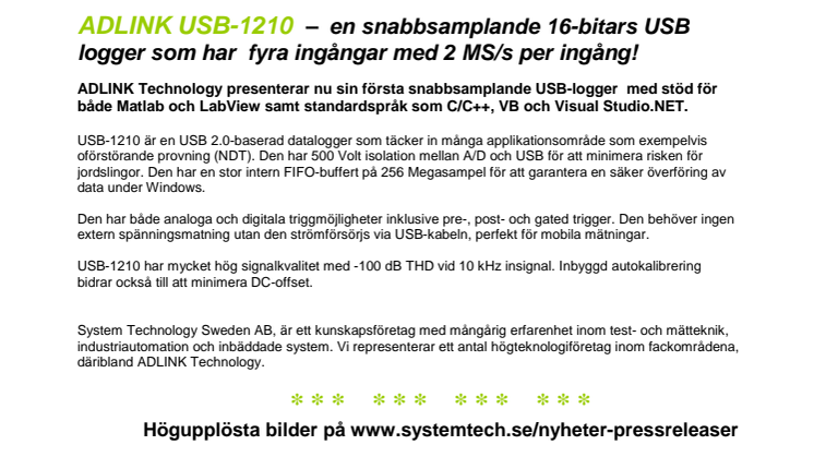 USB-1210  –  Snabbsamplande 16-bitars USB logger