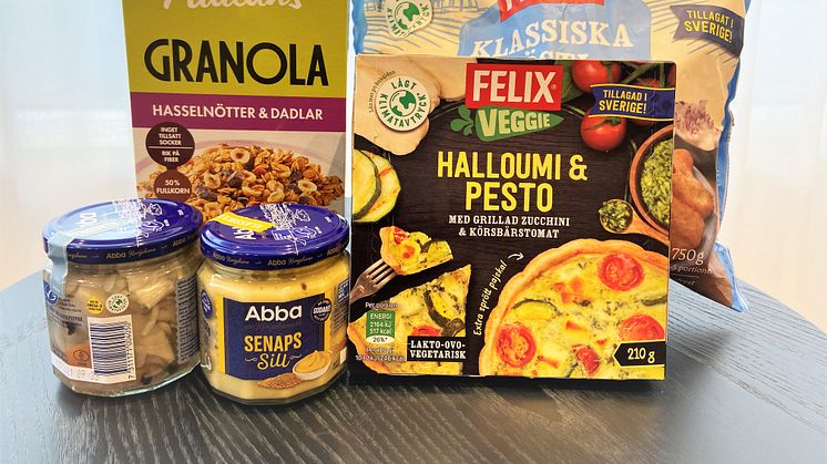 Paulúns granola, Abbas sill, Felix Rösti och vissa av Felix pajer är några av produkterna som fått den nya klimatmärkningen.