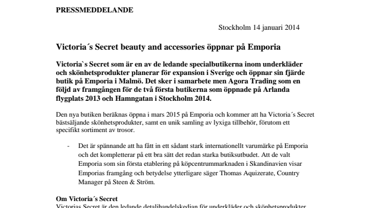 Victoria´s Secret beauty and accessories öppnar på Emporia