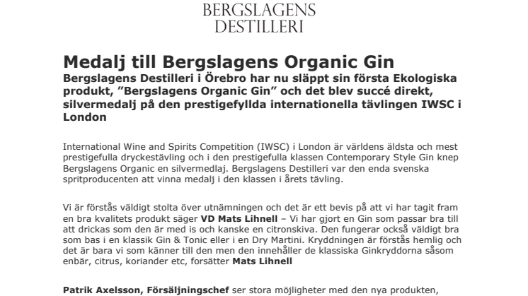 Medalj till Bergslagen Organic Gin