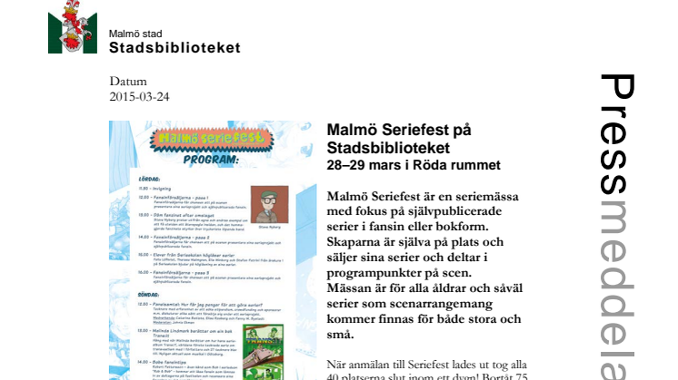 Malmö Seriefest på Stadsbiblioteket 28–29 mars i Röda rummet