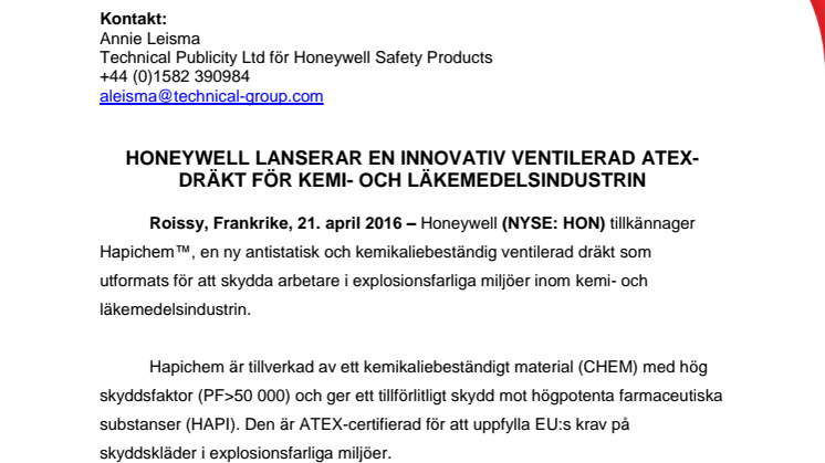 Honeywell lanserar en innovativ ventilerad ATEX-dräkt för kemi- och läkemedelsindustrin