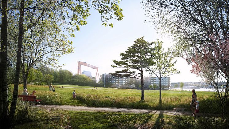 Naturlika plantering med gläntor för lek och picknick, med utsikt över en evenemangsyta, skapas nu i Färjenäsparken.